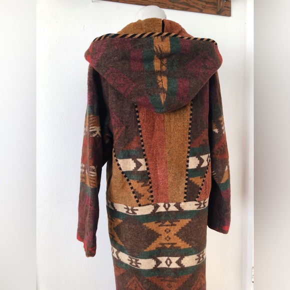 Vintage 80s 90s Southwestern Hooded Wool Blanket Coat / Wool Duster Coat - Picture 13 of 16